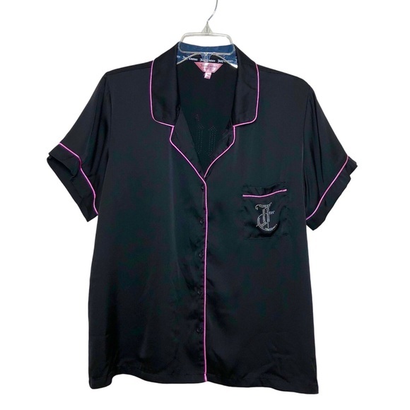 Juicy Couture Women's Satin Black and Pink Rhinestone Button Down Pajama Top XL - Picture 2 of 13